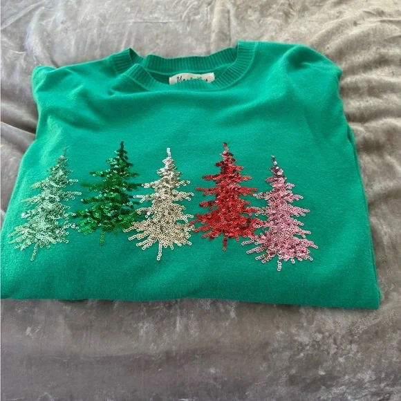 Vine & Love Green Sweater with Colorful Tree Embellishments - Picture 2 of 3